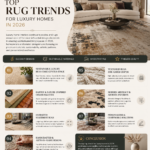 Luxury rug trends infographic for 2026 featuring sustainable luxury rugs, earthy color palettes, oversized statement rugs, handcrafted artisan designs, textured rugs, modern abstract patterns, and custom rug solutions, branded by Ayyub Rug Creation.