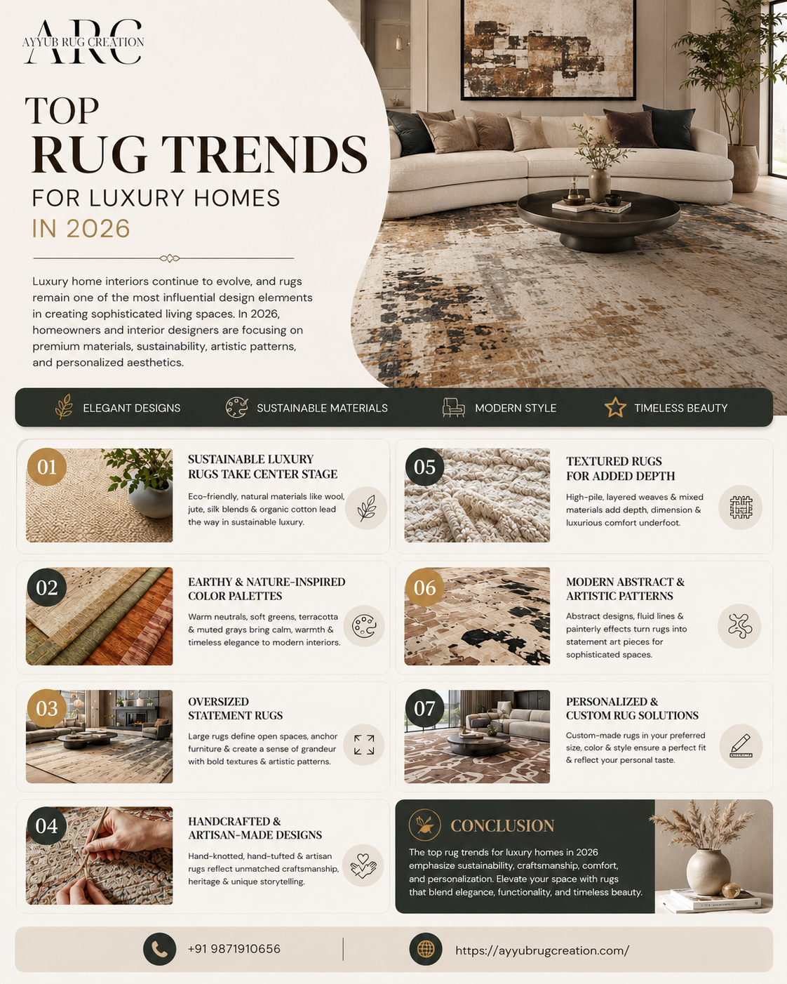 Luxury rug trends infographic for 2026 featuring sustainable luxury rugs, earthy color palettes, oversized statement rugs, handcrafted artisan designs, textured rugs, modern abstract patterns, and custom rug solutions, branded by Ayyub Rug Creation.