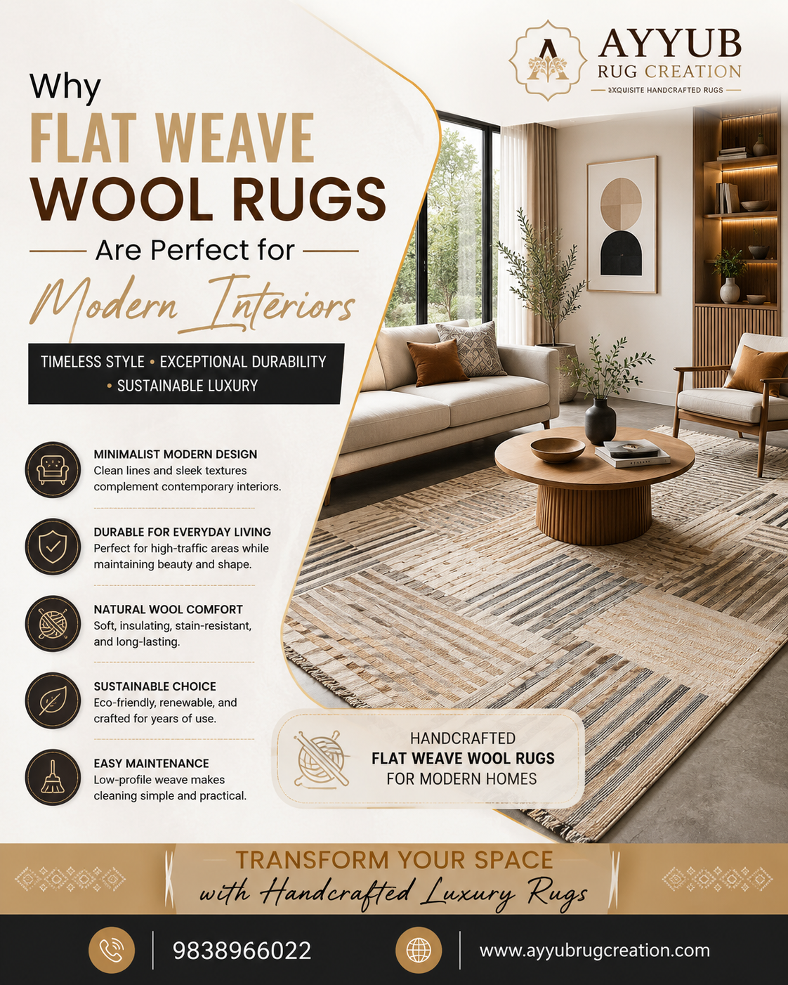 Luxury Instagram promotional post by Ayyub Rug Creation showcasing why flat weave wool rugs are perfect for modern interiors.