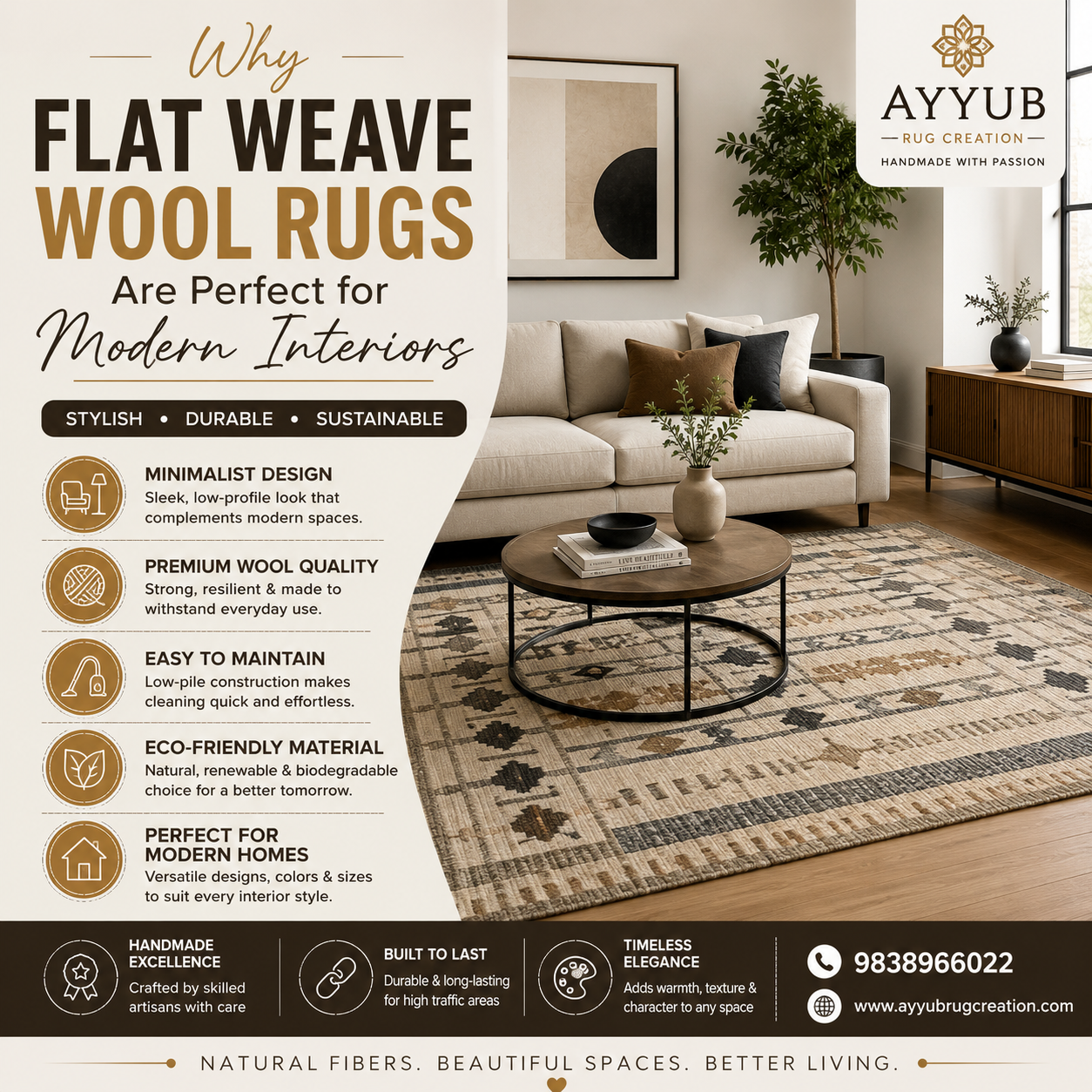 Modern living room featuring a stylish flat weave wool rug with contemporary geometric patterns. The promotional design highlights the benefits of flat weave wool rugs, including durability, sustainability, easy maintenance, and minimalist appeal, alongside Ayyub Rug Creation branding and contact details.