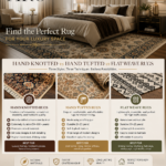 Luxury bedroom featuring premium rugs with a comparison of hand-knotted, hand-tufted, and flat weave rugs. Promotional Instagram post by Ayyub Rug Creation highlighting craftsmanship, durability, and the best rug choice for modern interiors.