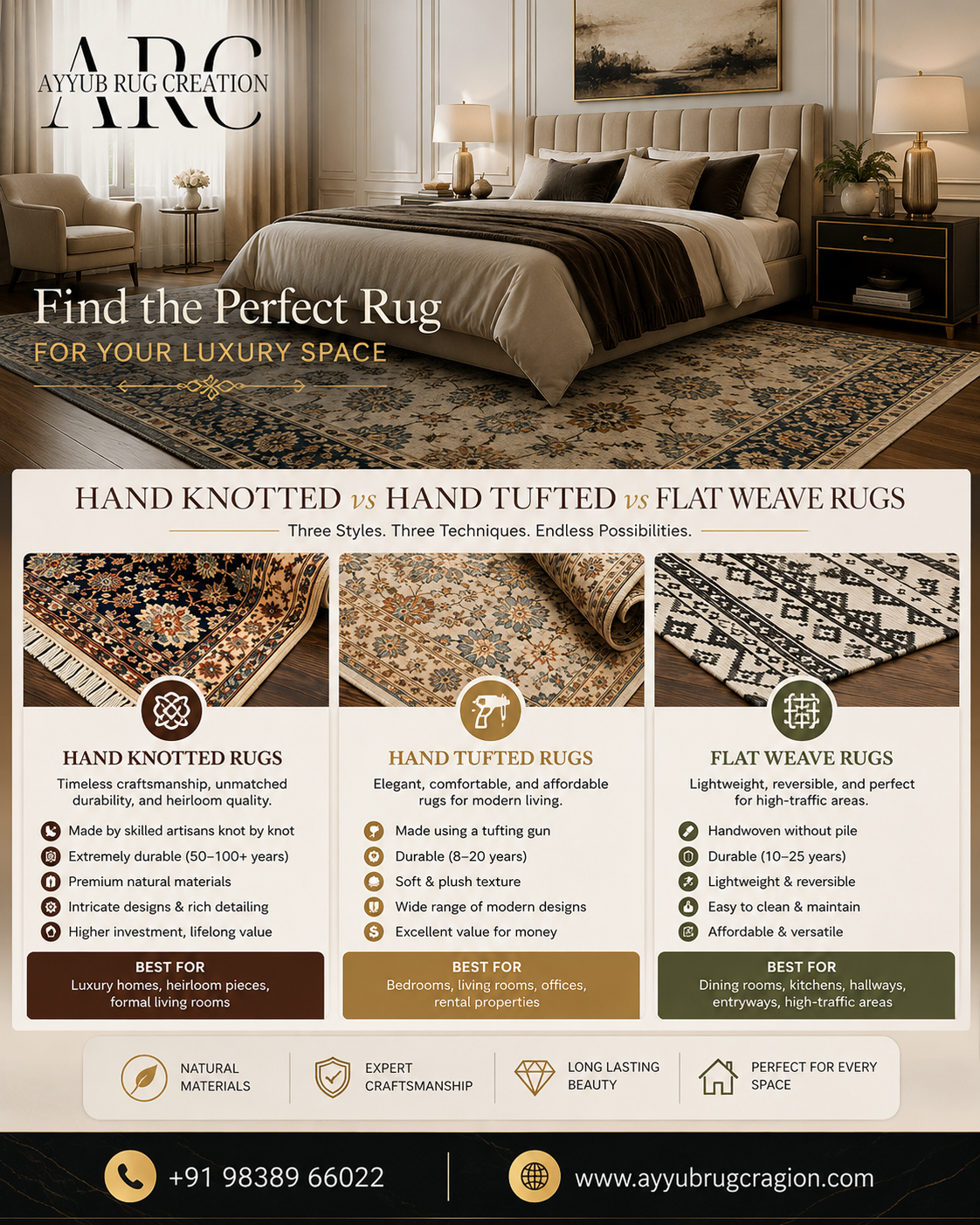 Luxury bedroom featuring premium rugs with a comparison of hand-knotted, hand-tufted, and flat weave rugs. Promotional Instagram post by Ayyub Rug Creation highlighting craftsmanship, durability, and the best rug choice for modern interiors.