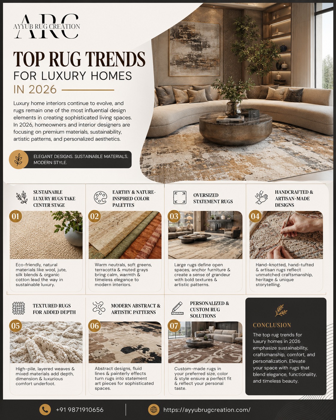 "Top rug trends for luxury homes in 2026 featuring handcrafted sustainable designer rugs in a modern luxury living room.