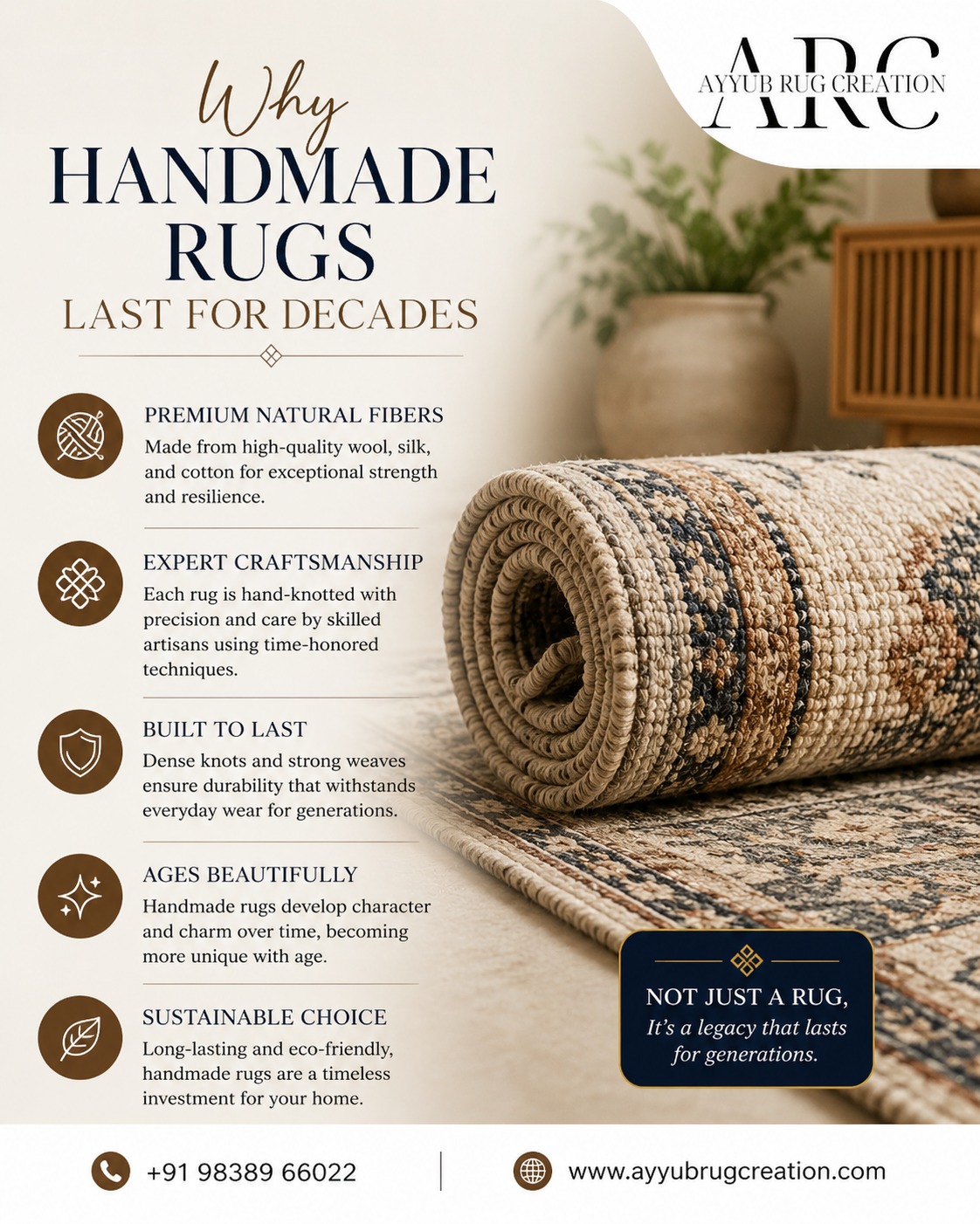 A premium Instagram post by Ayyub Rug Creation showcasing why handmade rugs last for decades, featuring a beautifully rolled handwoven rug, elegant typography, and key benefits including premium natural fibers