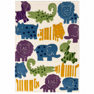 Safaria Kids Hand Tufted Wool Rug featuring colorful safari animal design, handmade wool nursery area rug for kids bedroom and playroom.